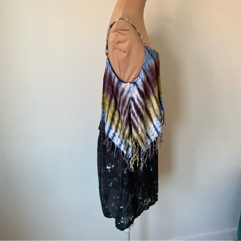 Santiki Indonesia Tie Dye Multicolor Rayon Fringe Detail Mini Dress Size Small - Picture 4 of 8